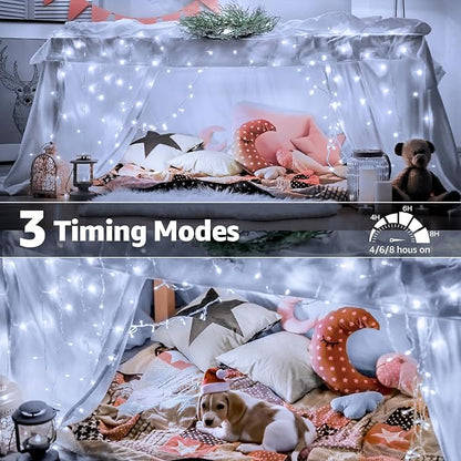 196FT 600 LED Christmas Lights Outdoor Waterproof, Timer & Memory Function, 8 Modes Cool White String Lights Plug in Twinkle Lights for Xmas Tree Holiday Garden Indoor Party Decor