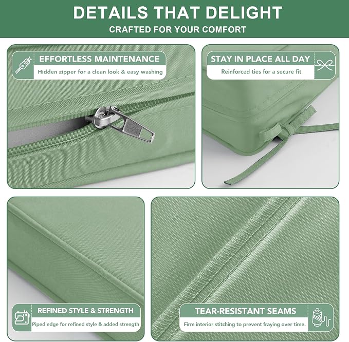 Summsun Outdoor Chair Cushions Set of 4, 22 x 22 Inch, Sage Green | Double-Sided Water Resistant, Removable Cover, Back Pillow & Seat Cushion, Tie Straps, Fit for Patio, Garden, Sofa Couch