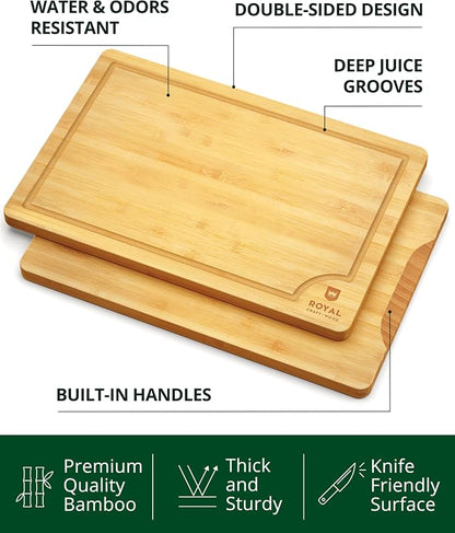 ROYAL CRAFT WOOD Bamboo Cutting Boards for Kitchen -Kitchen Chopping Board for Meat (Butcher Block) Cheese and Vegetables | Wooden Cutting Board Heavy Duty Serving Tray with Handles (XXXL, 24" x 18")