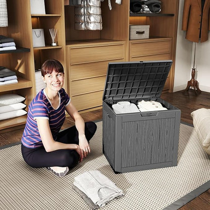 Pepe Tee Waterproof Resin Deck Box, Outdoor Storage Bin with Slatted Texture, All-Weather Patio Side Table & Garden Organizer, Black