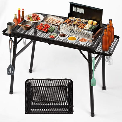 2.5 FT Picnic Table with 2 Wing Panels, Mesh Metal Folding Grill Table Height Adjustable & Lightweight & Portable Table for Outdoor Indoor Camping, Picnic, Beach and BBQ, RV