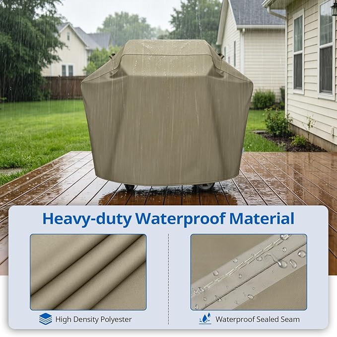 SunPatio Gas Grill Cover 60 Inch, Heavy Duty Waterproof Outdoor Barbecue Cover with Sealed Seam, FadeStop Material, All Weather Resistant Compatible for Weber CharBroil Nexgrill Grills and More, Taupe