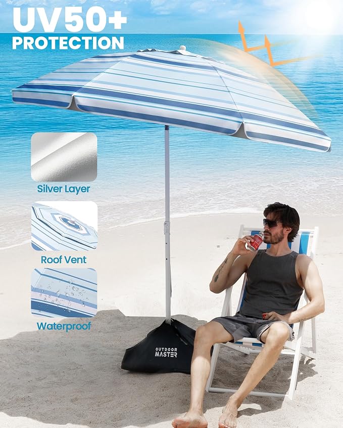 OutdoorMaster 7.2ft Beach Umbrellas for Sand with Sandbag & Anchor | 7.2ft Adjustable Umbrella for Beach, Wind Resistant, Portable UPF50+ Sunshade with Carry Bag for Patio