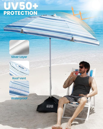 OutdoorMaster 7.2ft Beach Umbrellas for Sand with Sandbag & Anchor | 7.2ft Adjustable Umbrella for Beach, Wind Resistant, Portable UPF50+ Sunshade with Carry Bag for Patio