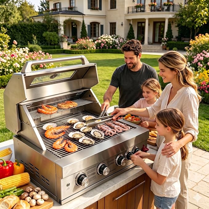 Premium 5-Burner (Including Rear Burner) Built-in Gas/Charcoal Grill — Portable 304 Stainless Steel Outdoor Grill with 12,000 BTU High-Power Output, 495 Sq. In. Cooking Area (31-IN)