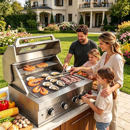 Premium 5-Burner (Including Rear Burner) Built-in Gas/Charcoal Grill — Portable 304 Stainless Steel Outdoor Grill with 12,000 BTU High-Power Output, 495 Sq. In. Cooking Area (31-IN)