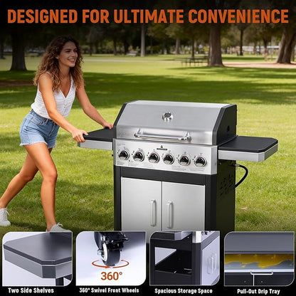 Redlife 6 Burner Propane Gas Grill, 60,000 BTU Outdoor BBQ Grill with Cast Iron Cooking Grates, Stainless Steel Warming Rack, Built-in Thermometer, Electronic Ignition, Side Shelves, Storage Cabinet