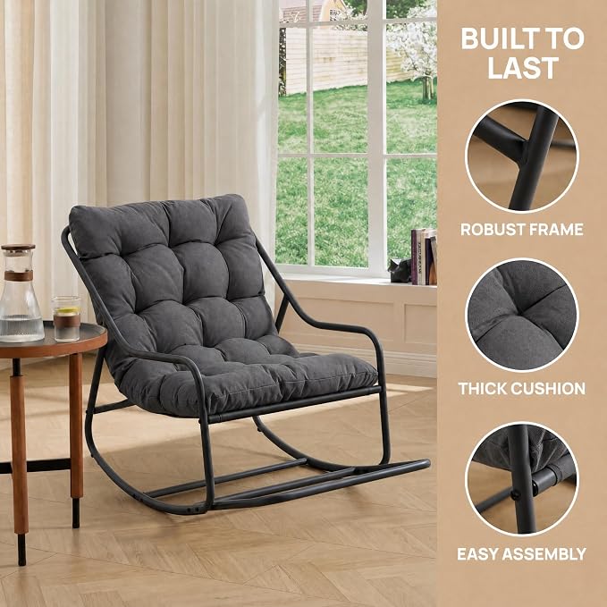 Outdoor Rocking Chairs, Metal Frame Outdoor Rocker with Footrest, Comfy Oversized Patio Chair with Thick Cushion, Reading Glider Lounge Chair for Living Room, Bedroom, Garden, Relax, Gray