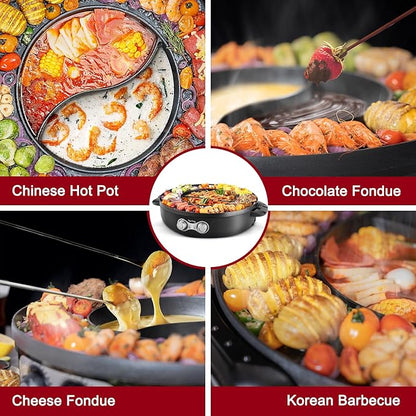 Food Party Hot Pot Electric Korean BBQ Grill Combo Hotpot Smokeless Indoor Grill 16.5" Detachable Easy Cleaning 110V 1800W Shabu Shabu Pot with Divider