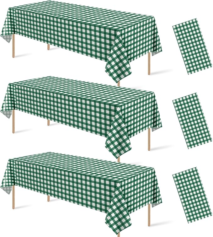 3Pcs Dark Green Gingham Tablecloths, Checkered Party Table Covers 54x108 In | Green and White Checkered Golf Tablecloths, Disposable Waterproof for Golf Camping Barbecue Birthday Party