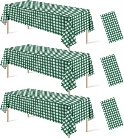 3Pcs Dark Green Gingham Tablecloths, Checkered Party Table Covers 54x108 In | Green and White Checkered Golf Tablecloths, Disposable Waterproof for Golf Camping Barbecue Birthday Party
