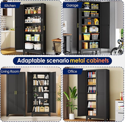 erosoei 75" H Metal Garage Storage Cabinet, Black Metal Pantry Cabinet with 2 Doors, Locker Steel Cabinet with 5 Adjustable Shelves, Freestanding Cupboard for Garage,Office,Home,Gym,School