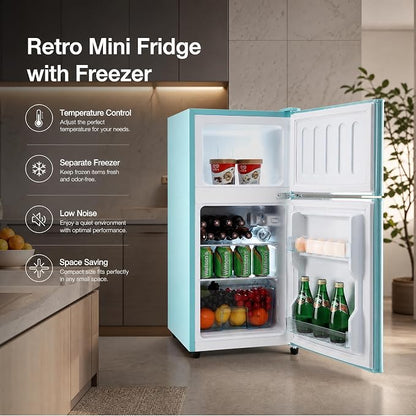 Retro Fridge with Freezer, 3.5 Cu. Ft. Mini Fridge Aqua Blue | Small Refrigerator with 7-Level Adjustable Thermostat, Retro Compact Refrigerator 2-Door Fridges for Apartment/Dorm/Office/RV