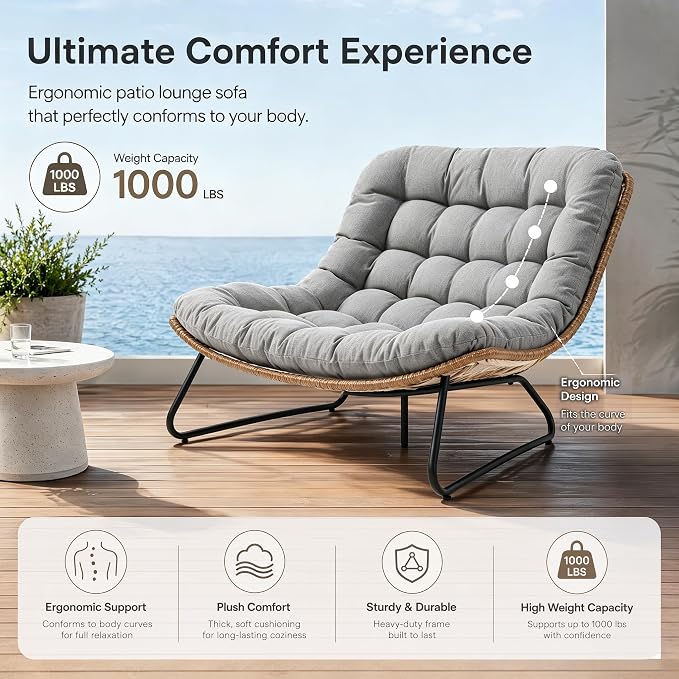 Outdoor Loveseat 2-Seat Wicker Rattan Boho Patio Sofa Grey 1PC | 53"x36"x30", 13" seat height. 4" thick cushions, 1000lb cap. All-weather PE rattan, rust-proof frame. Grey, 1PC.