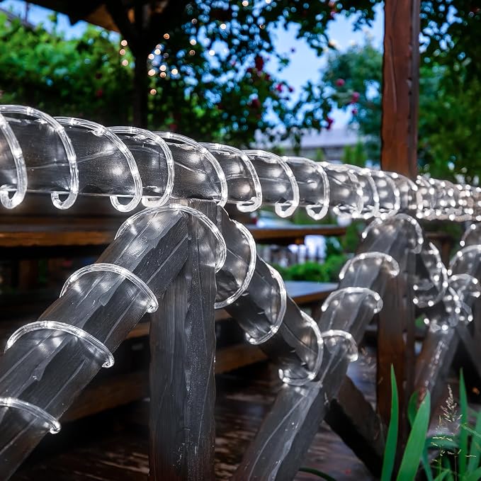 Jnaurb Solar Rope Lights, 66ft 200LED Solar String Lights, 8 Modes Waterproof Solar Outdoor Light, Flexible Clear Trampoline Light for Garden Backyard Patio Deck Porch Pool Tree Decor - White