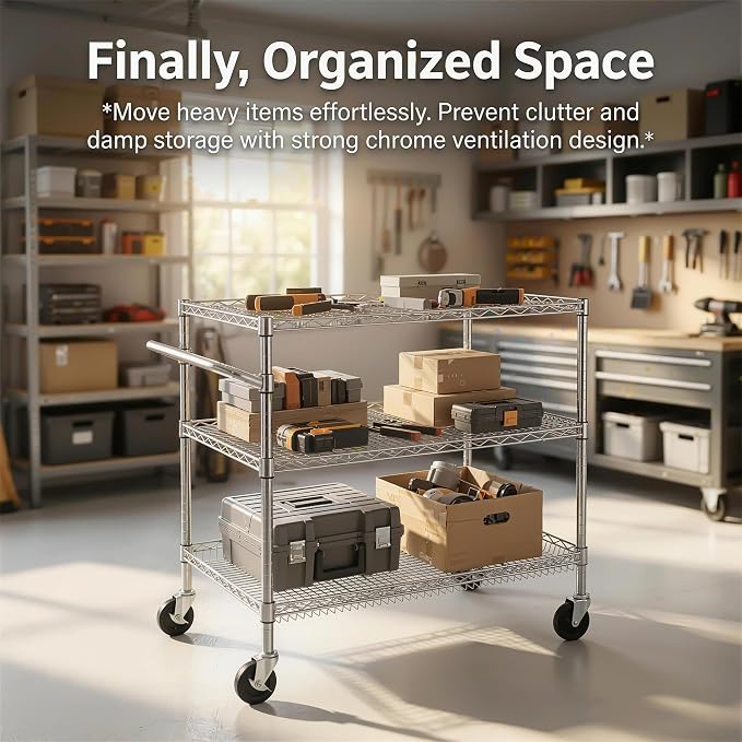 Finnhomy 3 Tier Heavy Duty Commercial Grade Utility Cart, Wire Rolling Cart with Handle Bar, Steel Service Cart with Wheels, Kitchen Carts on Wheels, Metal Cart Shelf Size 24" D x 36" W, NSF, Chrome