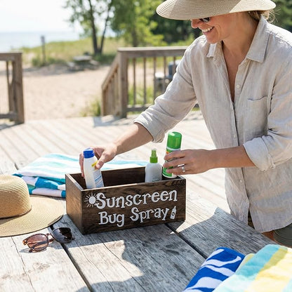 CroBlissful Sunscreen Bug Spray Storage Basket Summer Beach Wooden Box with 3 Compartment Dark Brown Toilet Tank Tray for Indoor Outdoor Swimming Pool Decor Sunblock Sunglasses Pool Toy Storage Basket