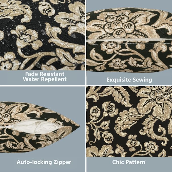 LVTXIII Outdoor Pillow Covers 20x20 Inch, 2 Pack Large Square Throw Pillow Cases, Fade-Resistant Cushion Covers for Patio Furniture Sofa, Garden Porch, Jacobean Black