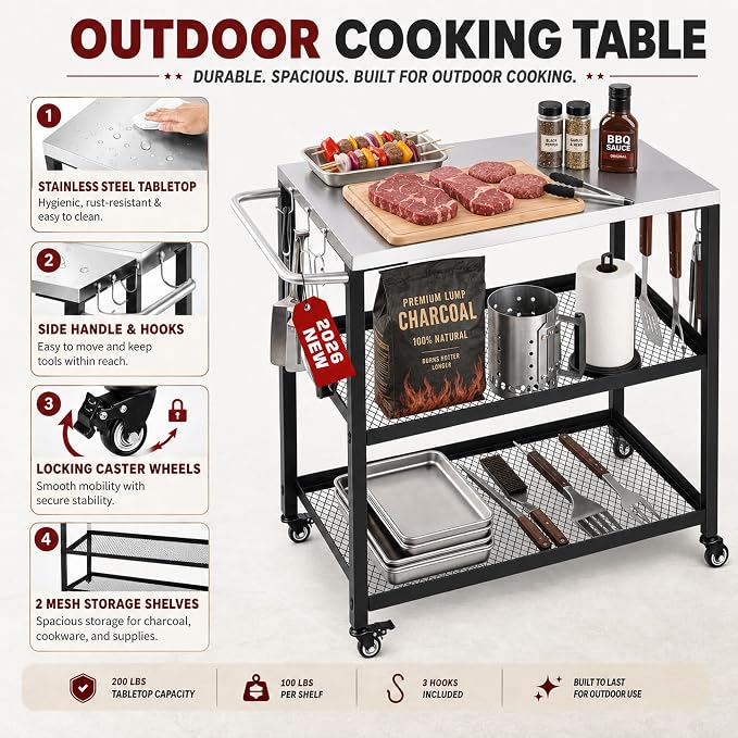 Grill Table with Stainless Steel Top, 28.54 x 16.14 in | Outdoor Grill Cart with Wheels, 2-Tier Mesh Storage, 200 lb Worktop, Tool Hooks, For Home Grillers, Patio Backyard BBQ