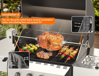 onlyfire Stainless Steel Grill Rotisserie Kit for Most Gas Grills | With 6W/110V Electric Motor, 28 x 0.35" Hexagon Spit Rod