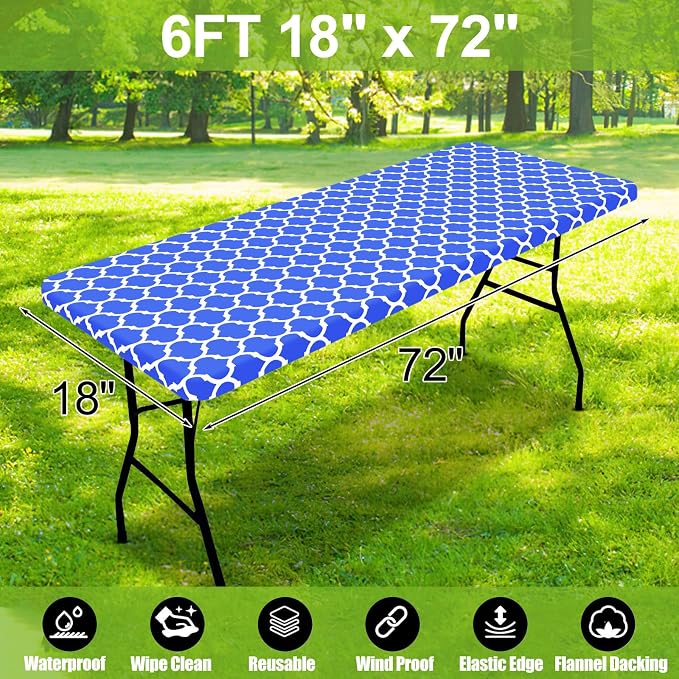Smiry Picnic Fitted Table Cover, 6 Foot Flannel Backed Vinyl Tablecloth | Waterproof Elastic Stretch Table Cloth, Wipeable Plastic Tablecloth for Camping, Indoor & Outdoor (Blue, 18" x 72")