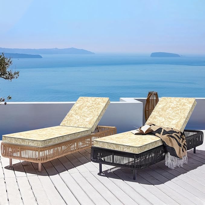 LVTXIII Outdoor Chaise Lounge Cushion 72x21x3 Inch, Water-Repellent Patio Seat Cushion with Ties & Hidden Zipper, Thick Foam Pad for Lawn Chair, Poolside, Patio Furniture, Tropical Leaf Oat