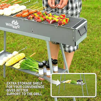 WILLBBQ Charcoal Grill Tailgate Parties, Patio, Beach Barbecues, Backyard Gatherings,Alloy Steel BBQ Barbecue Outdoor Grilling with Durable Support Frame and Dual Adjustable Vents (39.4x10.3x5.1 inch)