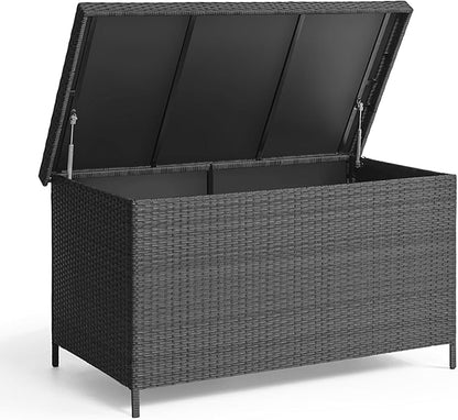 ONBRILL 158 Gallon XL Deck Box with Lid, All Weather Wicker Outdoor Storage Box Waterproof, Large Outdoor Patio Storage Bin for Cushions, Garden Tools, Gears, Pool Accessories, Black