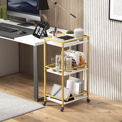 Lifewit Mini 3 Tier Rolling Bar Cart with Lockable Wheels, Gold | Drink serving liquor utility cart for dining living room, compact size 17 x 11.8 x 32.1 inch, mobile wine storage trolley