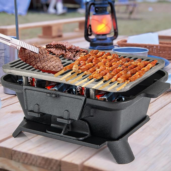 HAPPYGRILL Cast Iron Charcoal Grill, Portable Hibachi Grill w/Air Regulating Door & Fire Gate, Grate Lifter, Double-sided Japanese Stove for Outdoor Camping Backyard Barbecue Party