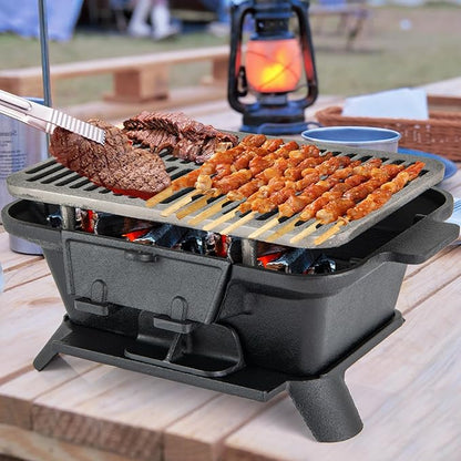 HAPPYGRILL Cast Iron Charcoal Grill, Portable Hibachi Grill w/Air Regulating Door & Fire Gate, Grate Lifter, Double-sided Japanese Stove for Outdoor Camping Backyard Barbecue Party