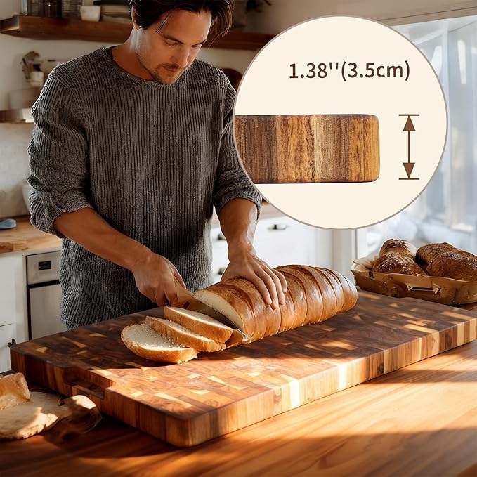 Utoplike Large Acacia Cutting Board 22 x 16 inch, End Grain Largest Wooden Butcher Block for Turkey, Meat, Vegetables, BBQ, Chopping Board with Handle and Single-side Juice Groove, 1.38"Th