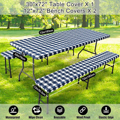 Smiry Picnic Table Cover with Bench Covers, Waterproof Elastic Fitted Tablecloth for 5 Foot Tables, Washable Polyester Tablecloths for Camping & Indoor (Dark Blue & White, 30x72 Inch 3-pc Set)