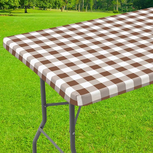 Smiry Rectangle Picnic Table Cloth, Elastic Waterproof Fitted Vinyl Tablecloths, Flannel Backed Buffalo Plaid Table Covers for Dining, Camping, Outdoor (White and Brown, 30" x 72")
