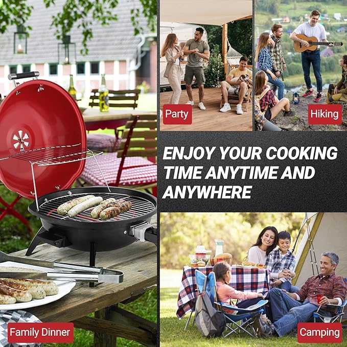 ROVSUN 1600W Red Portable Electric Grill – Adjustable Temperature Control, 304 Stainless Steel Double-Layer Cooking Surface, Removable Tabletop Stove for Indoor & Outdoor Use