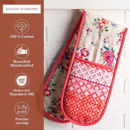 Maison d' Hermine Double Oven Mitts 100% Cotton 7"x35" Double Oven Mitt Heat Resistant BBQ Cooking Gloves with Loop Baking Grilling Kitchen Hotel Home Farmhouse Spring Summer (Rose Garden)