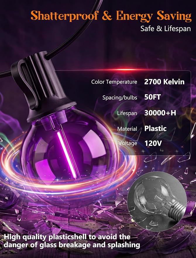 50FT Halloween String Lights Outdoor - G40 Purple and Orange String Lights | 25 Shatterproof LED Bulbs, IP65 Waterproof Dimmable Connectable Globe String Lights for Patio Porch Yard Decor
