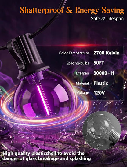 50FT Halloween String Lights Outdoor - G40 Purple and Orange String Lights | 25 Shatterproof LED Bulbs, IP65 Waterproof Dimmable Connectable Globe String Lights for Patio Porch Yard Decor