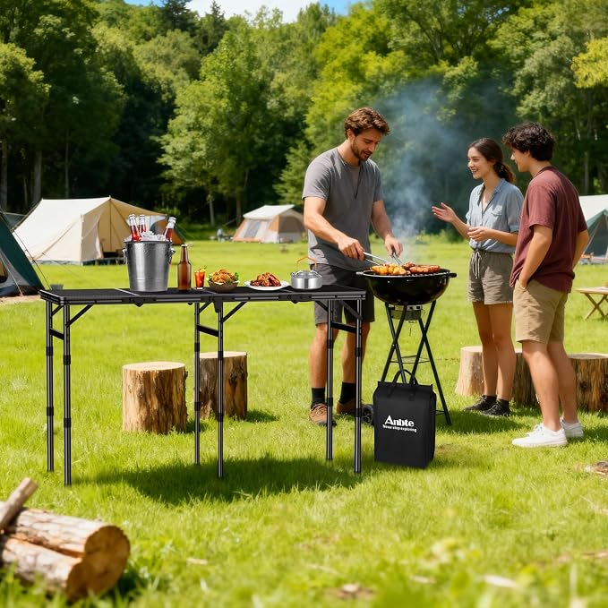 Anbte 4-Fold Grill Table, 3 Adjustable Height Max 27.5", 46" X 16", Black | Aluminum, Heat-Resistant Mesh Tabletop, Portable Handle, Waterproof Grill Side Table , for Outdoor Cooking Patio BBQ Picnic