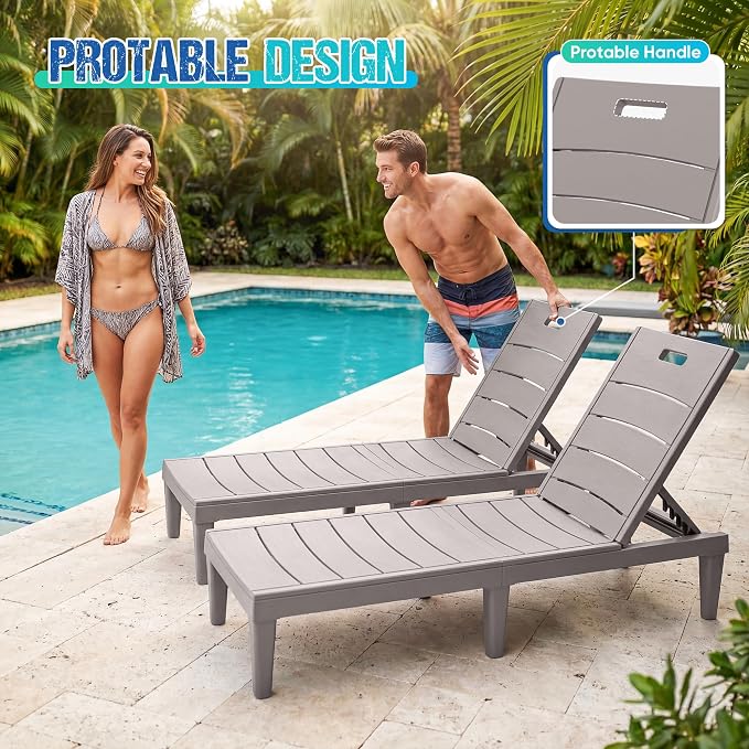 Greesum 2-Pack Adjustable Chaise Lounges, Light Coffee | 5-Pos Recline, Waterproof PP, UV/Fade-Resist, Easy-Clean, Patio/Pool/Beach, Tool-Free