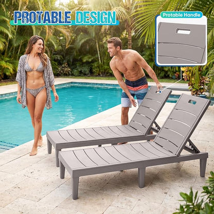 Greesum Outdoor Chaise Lounge Chair Set of 2, Light Coffee | Waterproof 5-Position Adjustable PP Sun Loungers for Patio, Poolside, and Beach Sunbathing