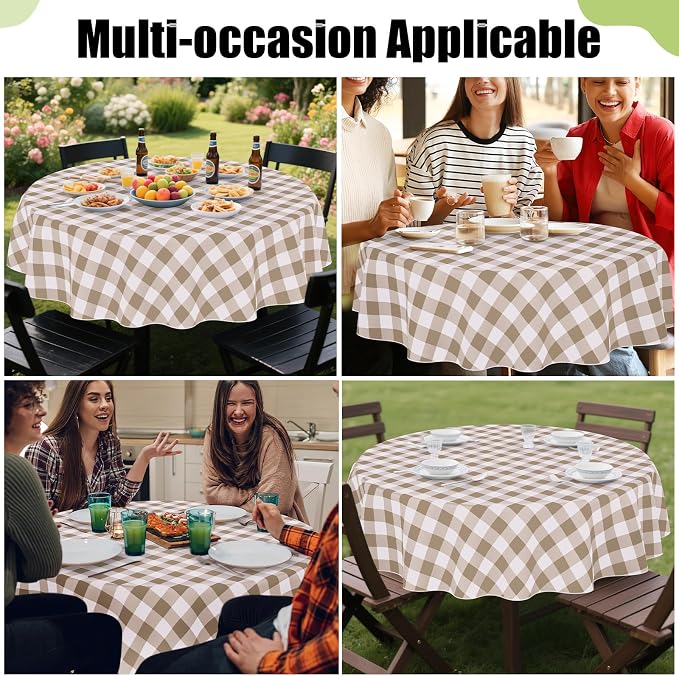 Smiry Picnic Table Cloth, Vinyl Tablecloths with Flannel Backing, 70" Round | Waterproof Picnic Table Cloth, Wipeable Buffalo Plaid Table Cover for Indoor and Outdoor (Khaki & White)