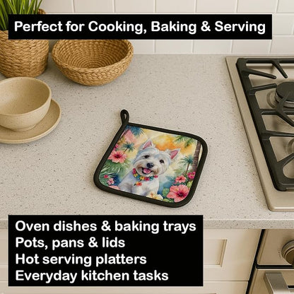 Caroline's Treasures Westie Luau Pair of Pot Holders Kitchen Heat Resistant Pot Holders Sets Oven Hot Pads for Cooking Baking BBQ, 7 1/2 x 7 1/2