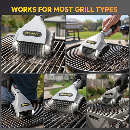 SOARFLY Electric BBQ Grill Brush, 800RPM Grill Cleaner for Outdoor Grill with 2-Speed & 20kg Torque–Last 3.5H, Dual LED Light for Night, No Bristle Drop Safe for Cast Iron Stainless, Gifts for Men Dad