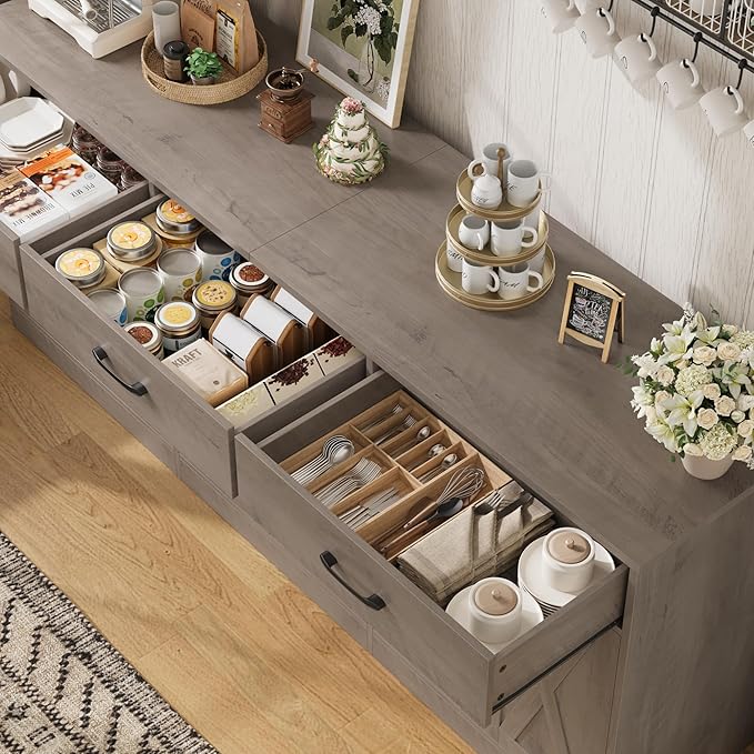 HOSTACK 71" Large Sideboard Buffet Cabinet with Storage, Farmhouse Coffee Bar Cabinet with 3 Drawers, Long Kitchen Buffet Table, Kitchen Sideboard Storage Cabinet for Dining Room, Living Room, Grey