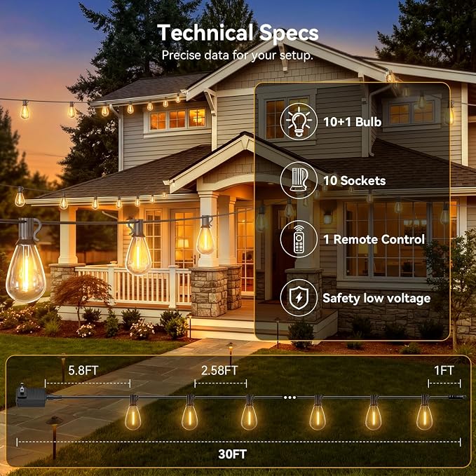 30FT Outdoor String Lights with Remote, Waterproof Patio Lights with 10+1 Shatterproof LED Bulbs,Dimmable Hanging Decor for Backyard Garden Porch Bistro, Timer & 3 Modes,2200K Warm White