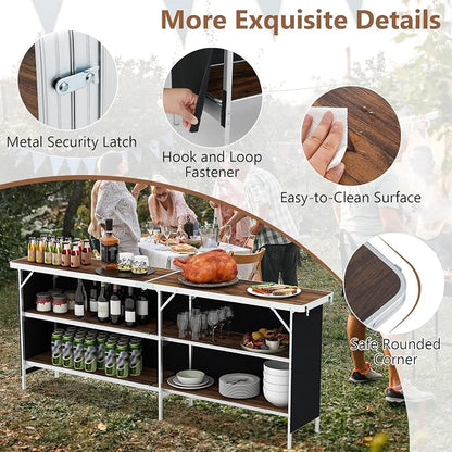 Giantex 81" Extra Long Portable Bar Table with 2-Tier Storage Shelves, Folding Mobile Bartending Station with Removable Skirt, Carry Case, for Events, Parties, Trade Shows (Coffee, 81''L x 32.5''H)