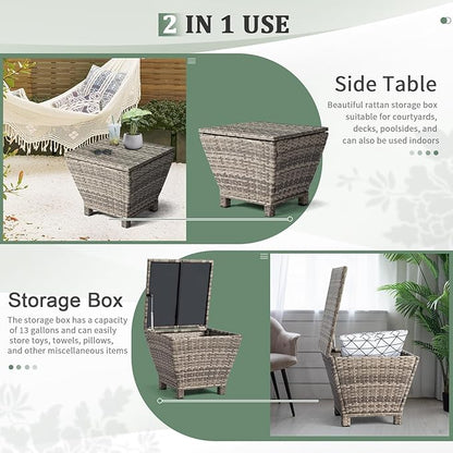 VINGLI 13 Gallon Outdoor Deck Box, Wicker Outdoor Storage Box with Lid, Small Storage Bin Container for Outside and Patio, Patio Rattan Side Table for Yard Porch (Grey, Trapezoidal)