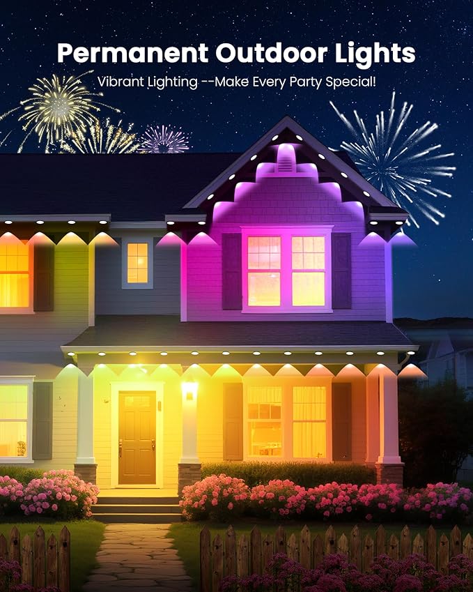 150FT Permanent Outdoor Lights for House, 24V RGB+IC Smart Outside Lights with 221 Modes, App & Remote Control, IP68 Waterproof, Year-Round Roof & Eaves Lighting for Christmas, Holidays (150FT)