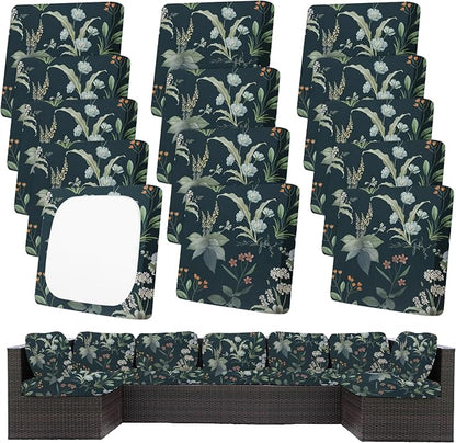 14Pcs Patio Cushion Covers, Outdoor Stretch Cushion Covers, Washable | Stretch Fit, Replacement, Washable and Reusable Furniture Protectors, Fits most patio furniture cushion covers, Cover Only